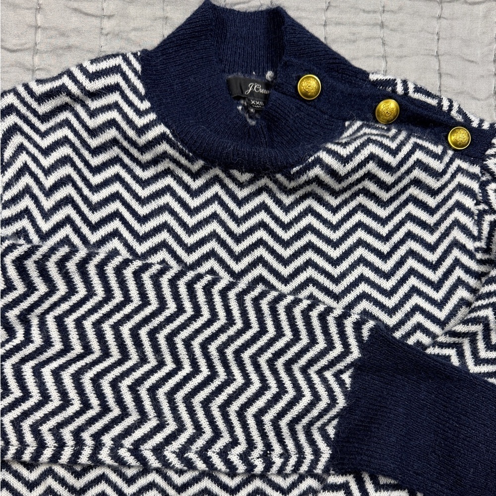 J Crew Blue White Chevron Herringbone Alpaca Blend Shoulder Button Sweater XXS